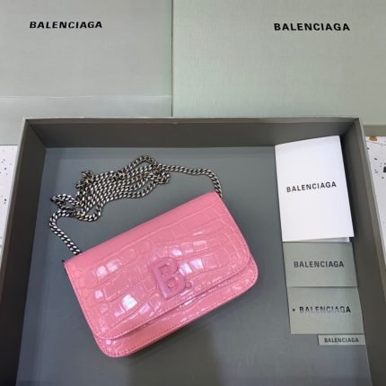 Balenciaga Croc Embossed Patent B Bag With Chain In Pink, For Women, Women’s Bags 7.9in/20cm