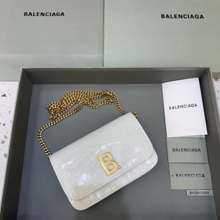 Balenciaga Croc Embossed Patent B Bag With Chain In White, For Women, Women’s Bags 7.9in/20cm