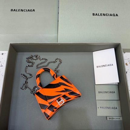 Balenciaga Hourglass Mini Handbag With Chain In Black And Orange, For Women, Women’s Bags 4.7in/12cm