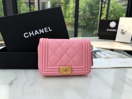 1:1 Replica Chanel CO-CO Boy Chanel Zipped Coin Purse 11cm/4.3in Gold Toned Hardware For Women Pink