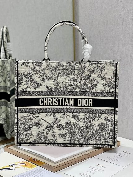 1:1 Replica Christian Dior Large Dior Book Tote Toile de Jouy Flowers Embroidery, Black/Beige, For Women Women’s Handbags, Shoulder Bags, 42cm CD M1286ZTQW_M808
