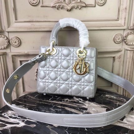 1:1 Replica Christian Dior Small Lady Dior Bag Gold Toned Hardware Pearl Silver White For Women 8in/20cm CD