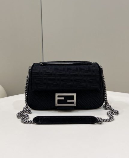 1:1 Replica Fendi Baguette Chain Midi Black FF Fabric Bag For Woman 14.5cm/6in