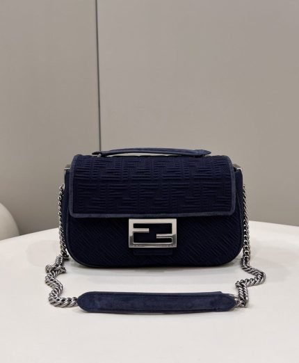 1:1 Replica Fendi Baguette Chain Midi Navy Blue FF Fabric Bag For Woman 14.5cm/6in