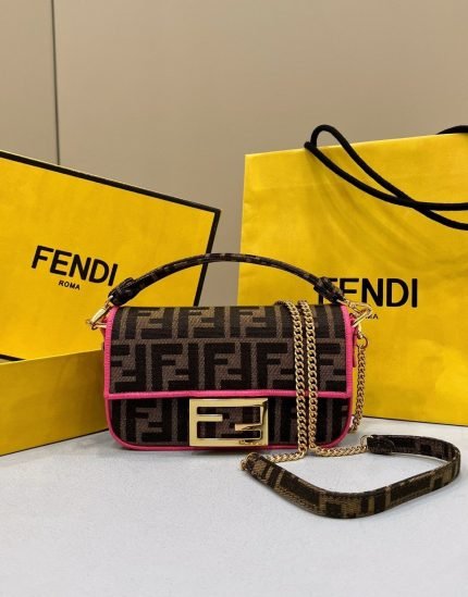 1:1 Replica Fendi Baguette Small Brown Fabric Pink Border Bag For Woman 18cm/7in