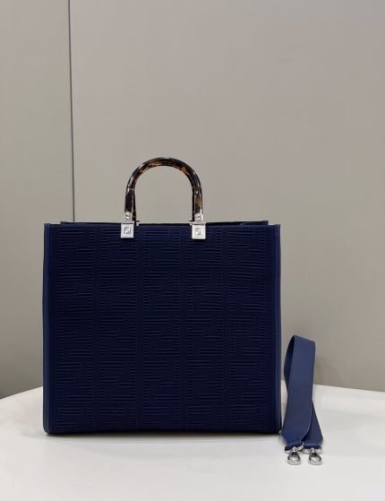 1:1 Replica Fendi Sunshine Medium Navy Blue FF fabric shopper Bag For Woman 31cm/12in