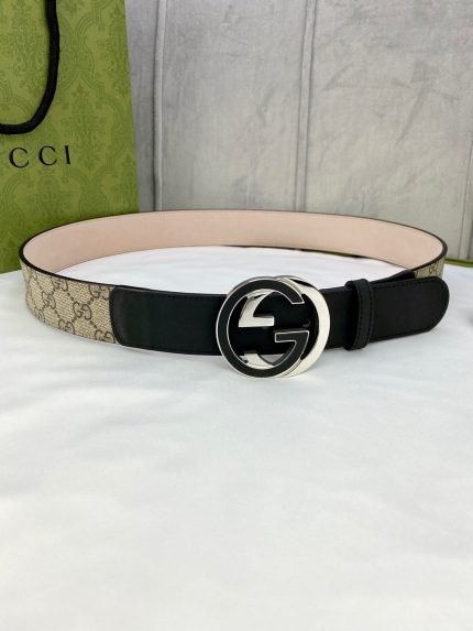 1:1 Replica Gucci GG Supreme Belt With Interlocking G Buckle Beige/Ebony GG Supreme And Black For Women, Women Belt