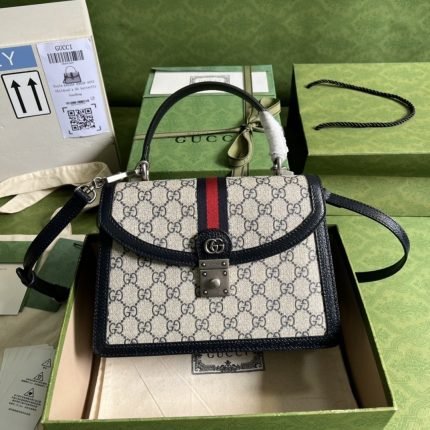 1:1 Replica Gucci Ophidia Small Top Handle Bag Beige And Blue GG Supreme Canvas  For Women 10in/25cm 651055 96IWN 4076