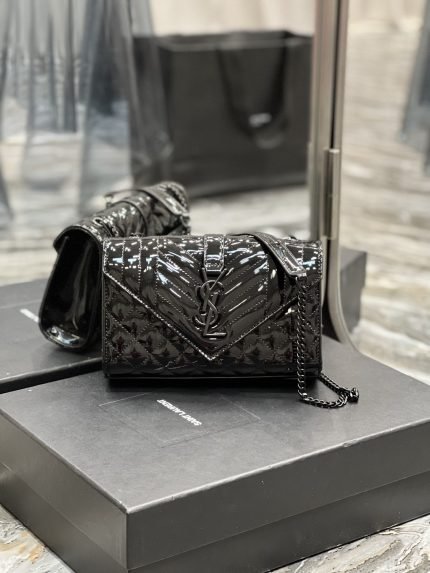 [REP 1:1] Saint Laurent Envelope Small Bag Black In Mix Matelassé Grain De Poudre Embossed Material For Women 8.2in/21cm YSL