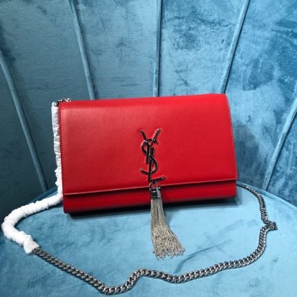 [REP 1:1] Saint Laurent Kate Medium Chain Bag With Tassel In Grain De Poudre Red For Women 9.4in/24cm YSL