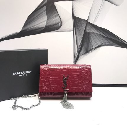 [REP 1:1] Saint Laurent Kate Medium Chain Bag With Tassel In Shiny-Embossed Burgundy For Women 9.4in/24cm