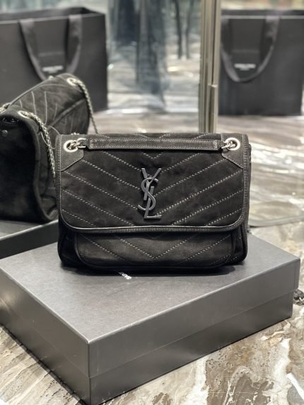 [REP 1:1] Saint Laurent Niki Medium Chain Bag Black In Crinkled With Metal Hardware For Women 11in/28cm YSL