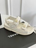 Chanel Cc Button Velcro White Sandals Grained Calfskin Leather - Image 5