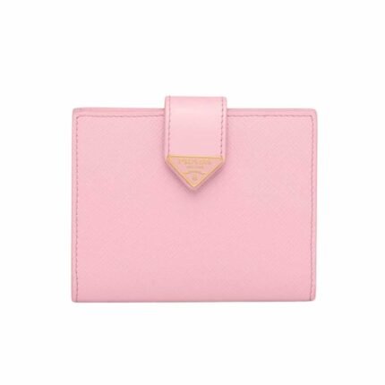 Prada Saffiano Leather Vertical Short Wallet Flap Triangle Logo Pink 10Cm