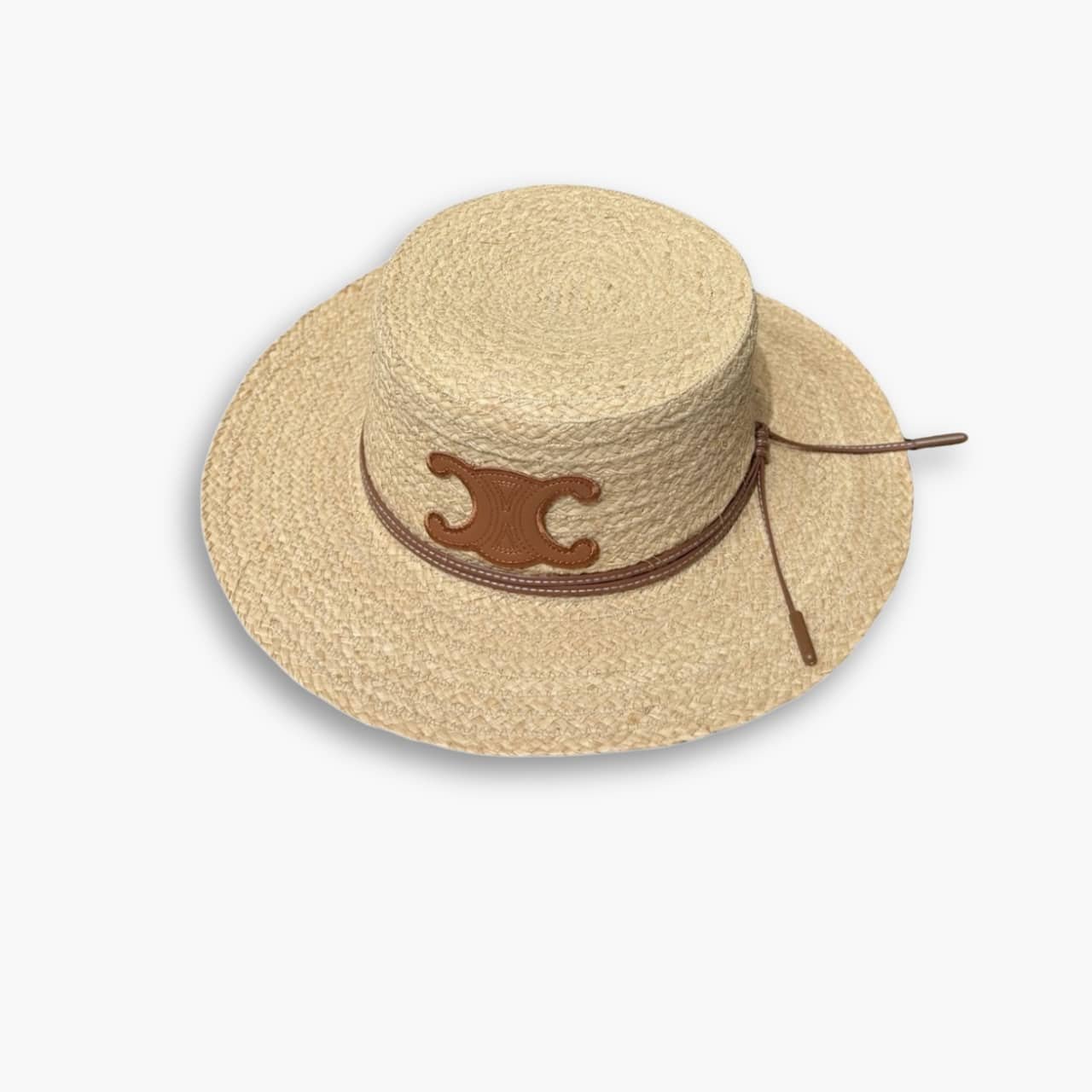24-1-2.jpg Celine Flat Crown Raffia Hat Emblem In Brown - Image 1