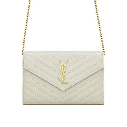 Saint Laurent Classic Cassandre Chain Wallet In Grain De Poudre Leather White 24Cm 377828Bow019207