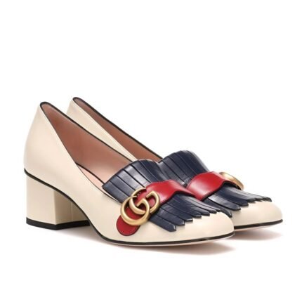 Gucci Marmont Fringed Loafer Mid Heel White Blue Leather 408208 C9Dn0 9574