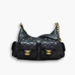 Chanel Maxi Hobo Bag Gold Tone Metal Black 25Cm