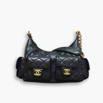 Chanel Maxi Hobo Bag Gold Tone Metal Black 25Cm