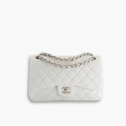 Chanel Classic Double Flap Bag White Silver Hardware 25cm