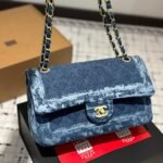 Chanel Classic Double Flap Bag Quilted Printed Denim Medium Blue 25Cm - Image 3