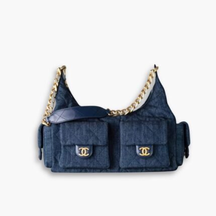 Chanel Large Hobo Bag Washed Denim And Gold Tone Metal Dark Blue 31Cm