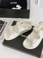 Chanel Cc Button Velcro White Sandals Grained Calfskin Leather - Image 6