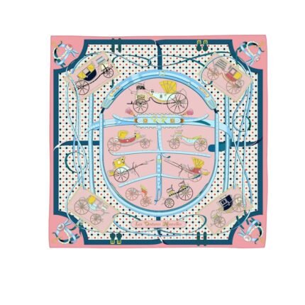 Hermes Les Voitures Nouvelles Scarf Rose Bonbon And Blue 90Cm H984108S 01