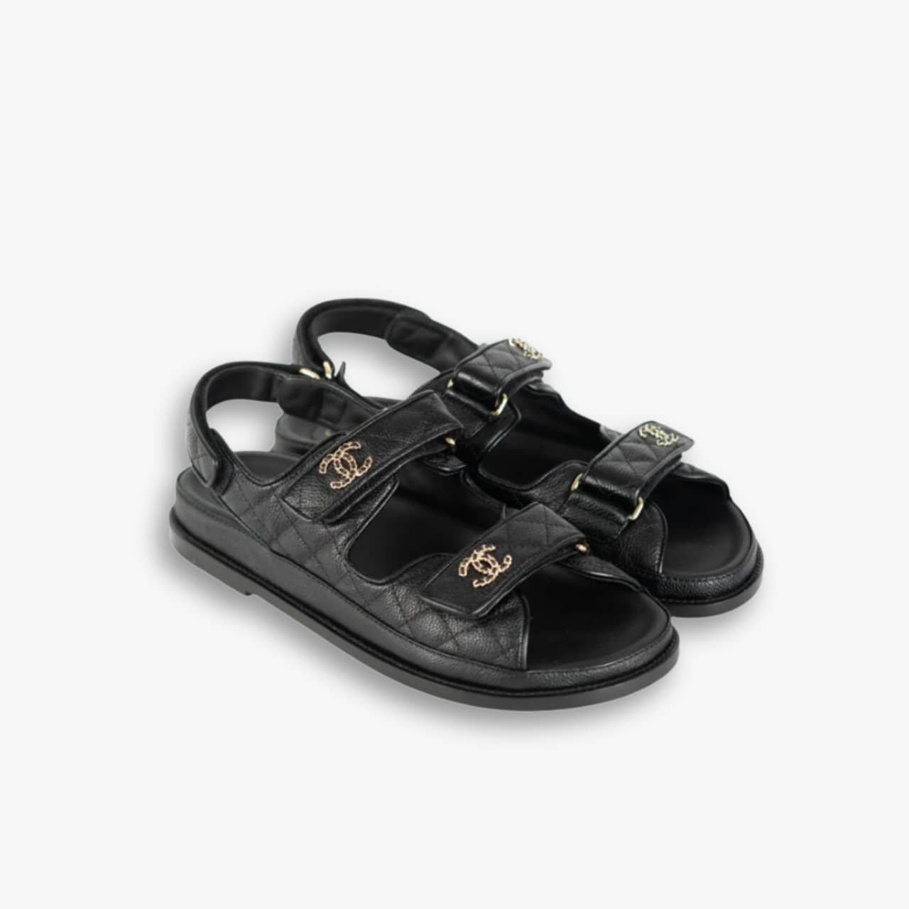 497-1-5.jpg Chanel CC Button Velcro Black Sandals Grained Leather - Image 1