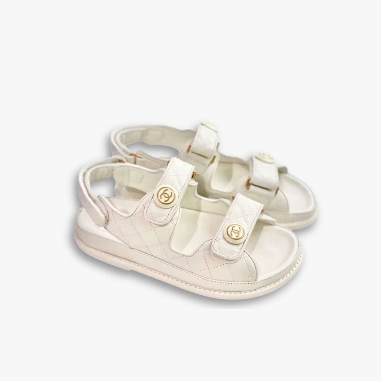 498-3-2.jpg Chanel CC Button Velcro White Sandals Grained Leather - Image 1