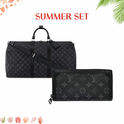 Summer Set: Louis Vuitton Keepall Bandoulière 50 Monogram Eclipse And Long Wallet Monogram Eclipse Trunk Zippy Black 19Cm