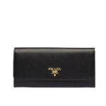 Prada Saffiano Leather Flap Long Wallet Black And Gold 19Cm 1Mh132 Zlp F061H