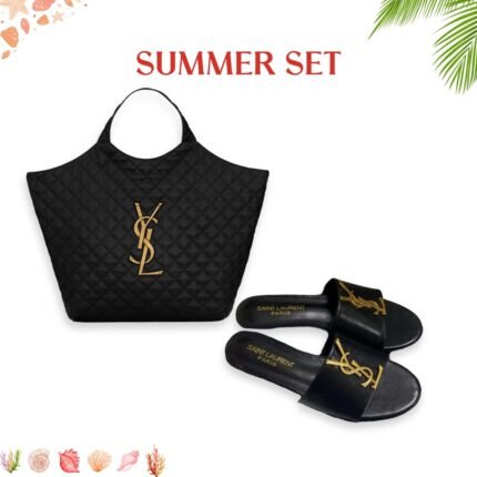 Summer Set: Saint Laurent Icare Maxi Shopping Bag In Quilted Black And Logo Slippers Black