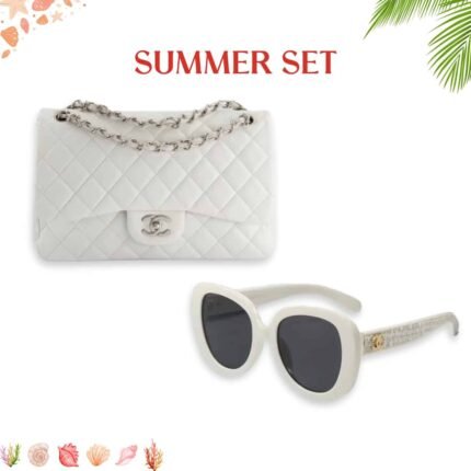 Summer Set: Chanel Classic Double Flap Bag White Silver Hardware And Square Sunglasses Tweed Accent In White