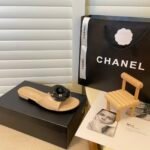 Chanel Black Camellia Slides Beige - Image 2