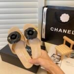Chanel Black Camellia Slides Beige - Image 6