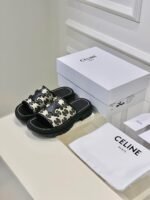 Celine Clea Triomphe Slide In Triomphe Stamped Canvas Calfskin Black - Image 3