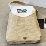 Prada Logo Embossed Raffia Shoulder Bag Beige 33cm 1BC186VOUO2A2T - Image 3