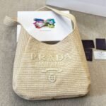 Prada Logo Embossed Raffia Shoulder Bag Beige 33cm 1BC186VOUO2A2T - Image 2