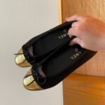 Chanel Leather Cap Toe Ballet Flats Black Gold - Image 3