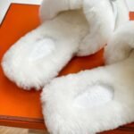Hermes Shearling Fur Oran Silver Buckle Sandal White - Image 7