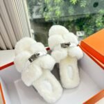 Hermes Shearling Fur Oran Silver Buckle Sandal White - Image 4