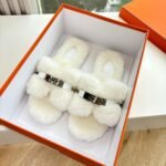 Hermes Shearling Fur Oran Silver Buckle Sandal White - Image 3