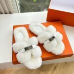 Hermes Shearling Fur Oran Silver Buckle Sandal White - Image 2