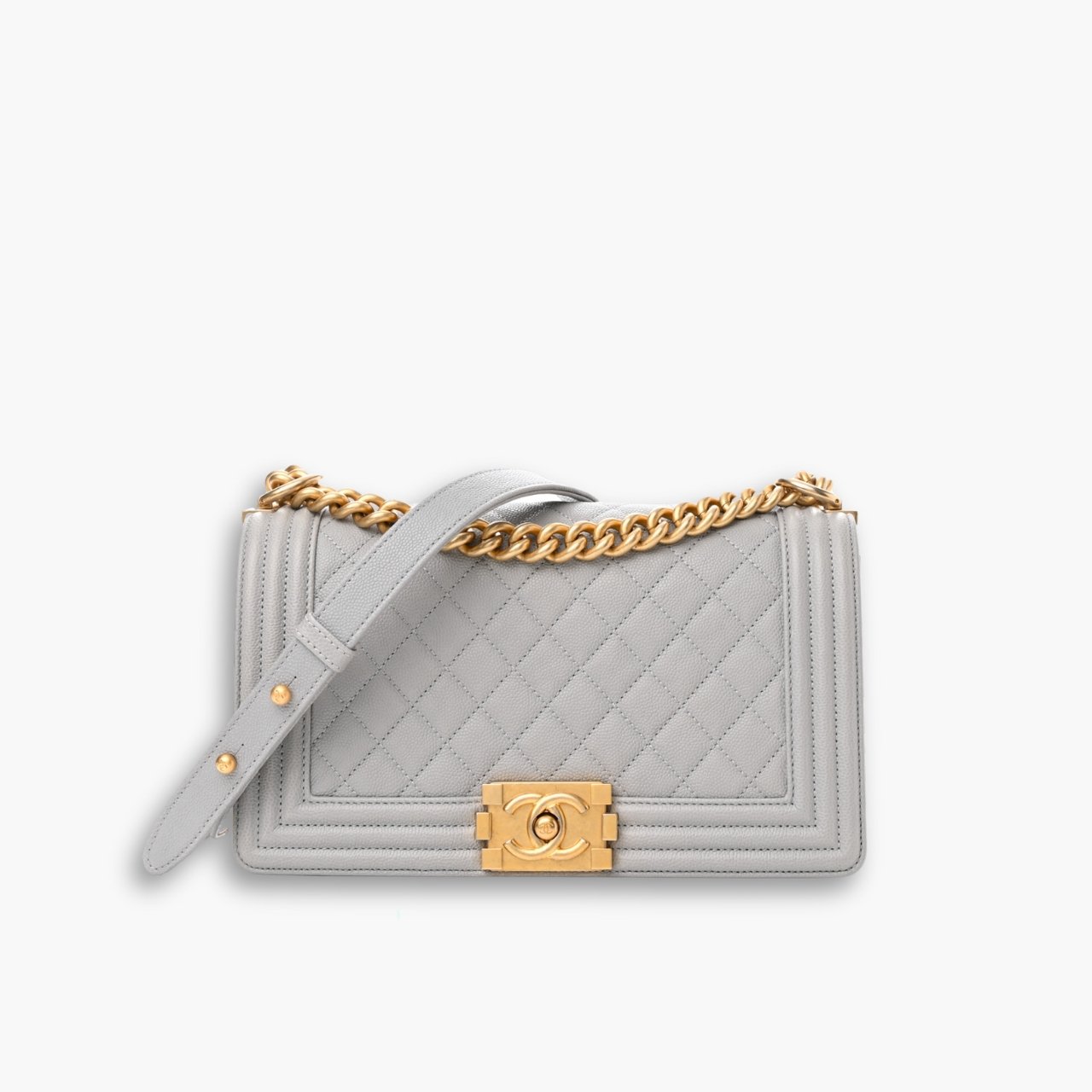 ELG_CNB1020.jpg Chanel Medium Boy Bag Light Gray 25cm - Image 1