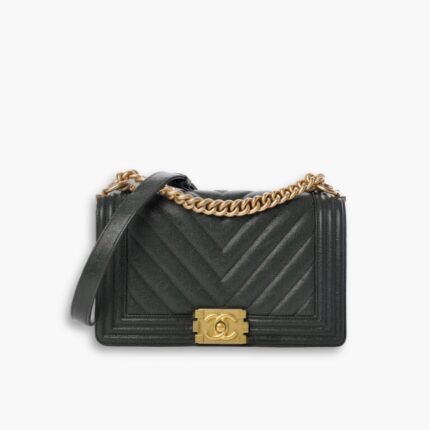 Chanel Boy Chevron Medium Handbag Black In Gold 25cm
