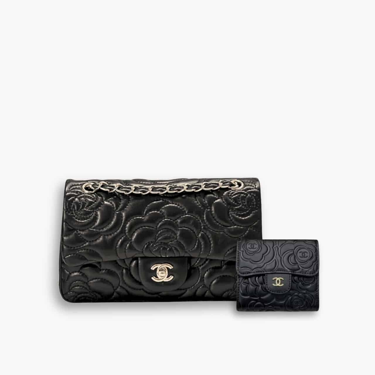 ELG_CNSET1003.jpg Perfect Match: Chanel Flap Bag with Camellia Flower 26cm X Chanel Small Floral Wallet Black 11cm - Image 1