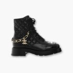 Chanel Quilted Leather Lace Up Combat Boots Black