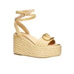 Valentino Garavani Vlogo Raffia Platform Wedge Sandals Natural