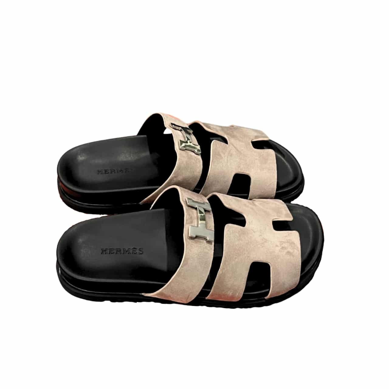 GCBB01-2-3-1 Hermes Chypre Sandal Suede H Logo Silver Hardware Light Brown - Image 1